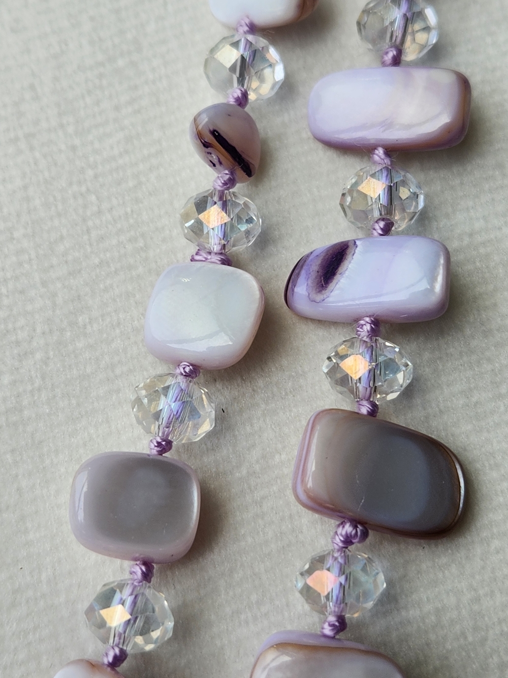 Artisan Lavender and Iridescent AB Beaded Extra Long Layered Necklace Hand Knot - Picture 3 of 5